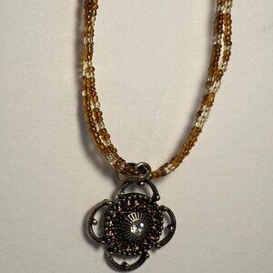 Lia Sophia Brown Clear Sm Bead Necklace with Bronze Copper Pendant w/ctr Crystal